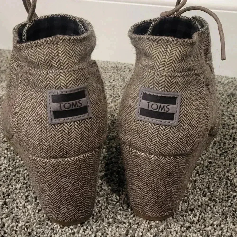 Toms Desert Herringbone Lace Up Wedge Ankle Oxford Bootie Brown Wool Upper Sz 11